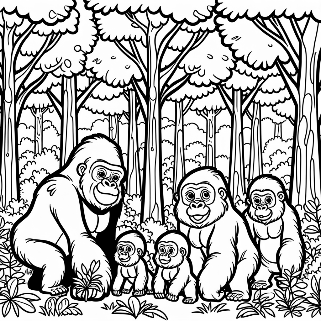 A gorilla family in the trees