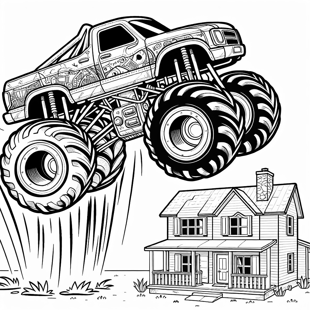 Monster truck jumping over a house