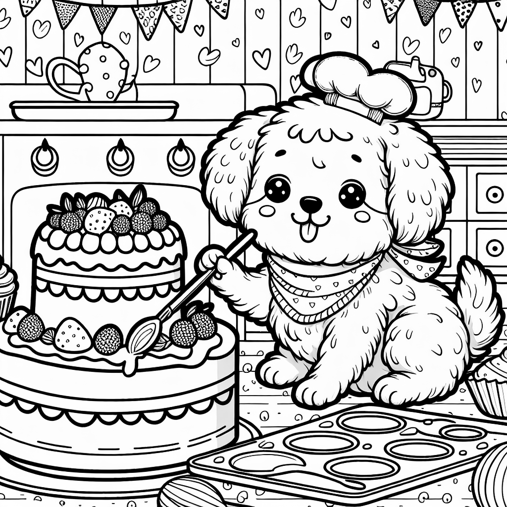 A dog baking a cake