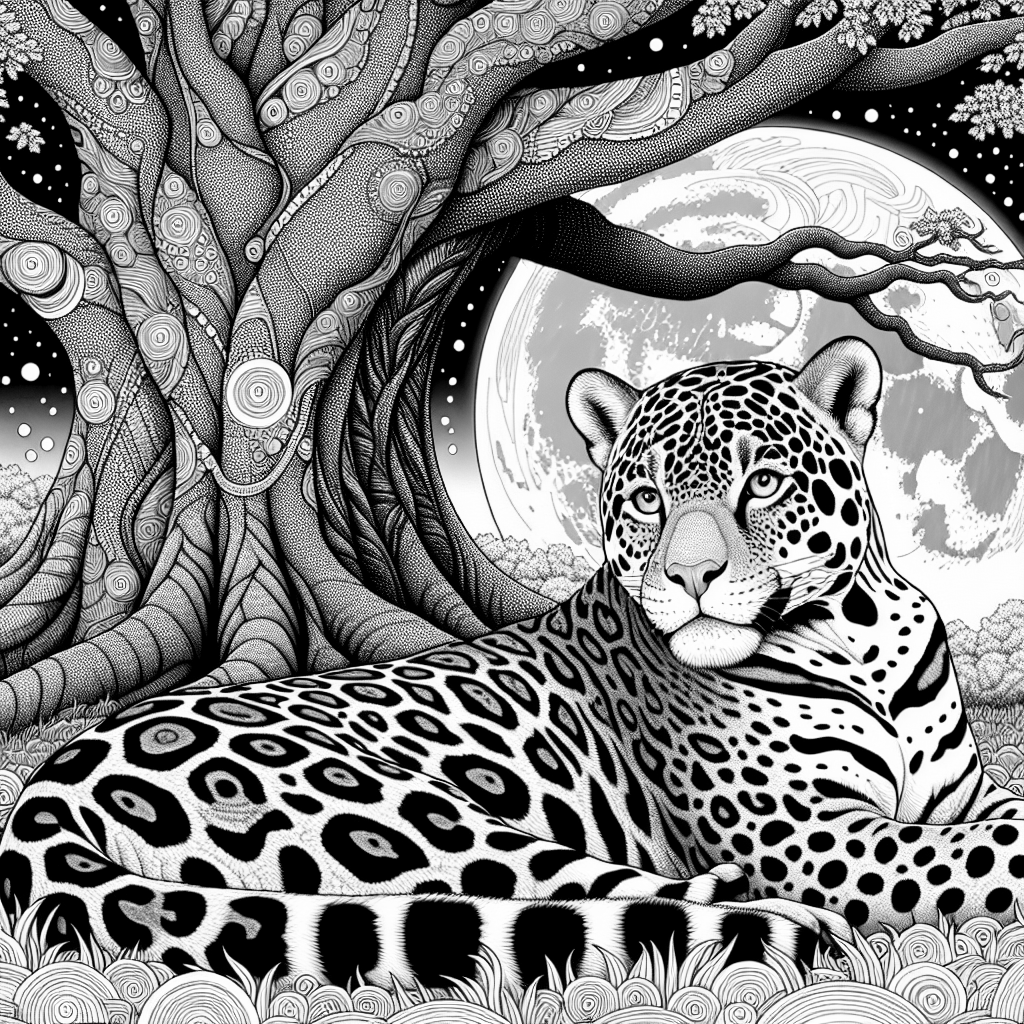 A jaguar laying down next to a tree illuminated by moonlight