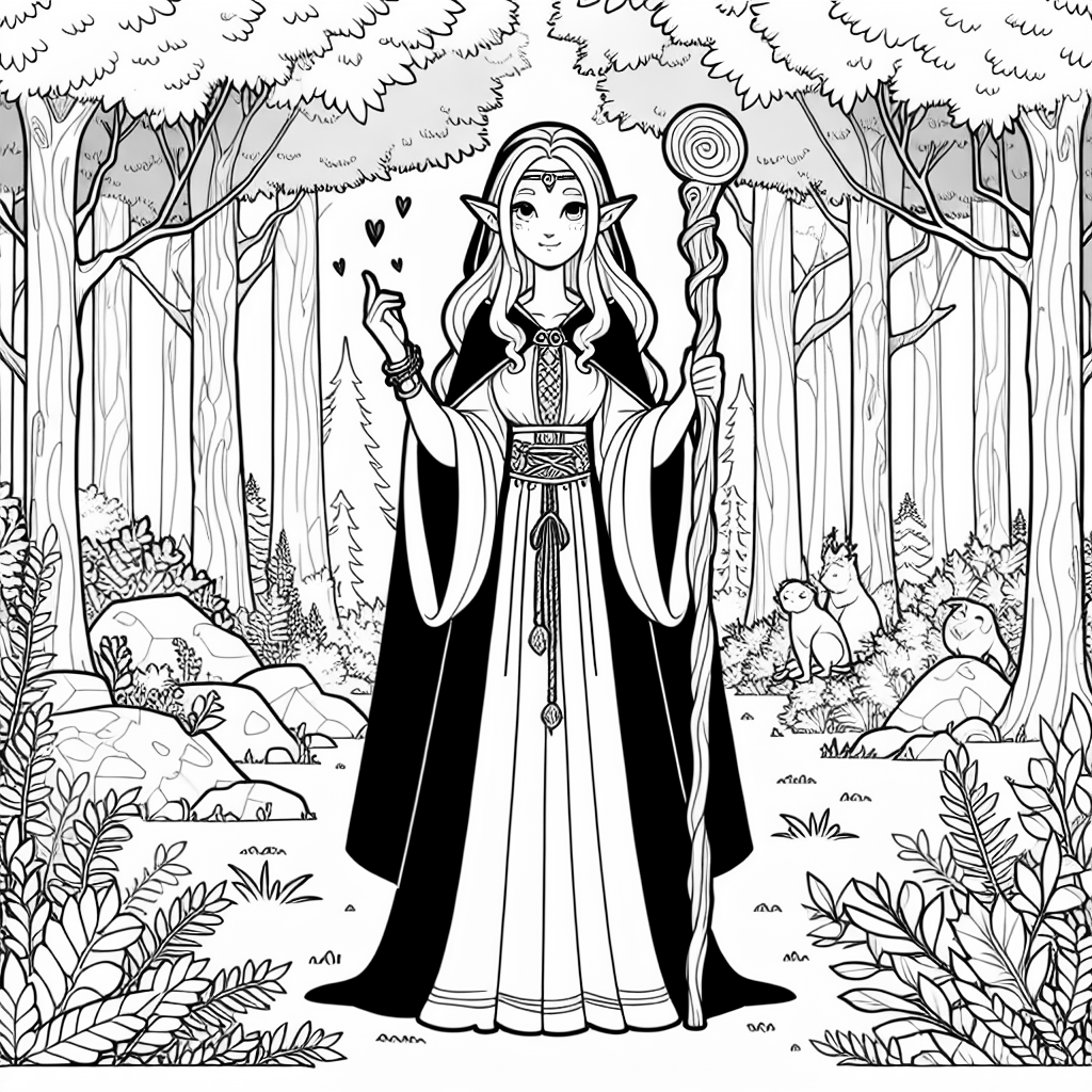 Female elf druid with staff standing in the forest