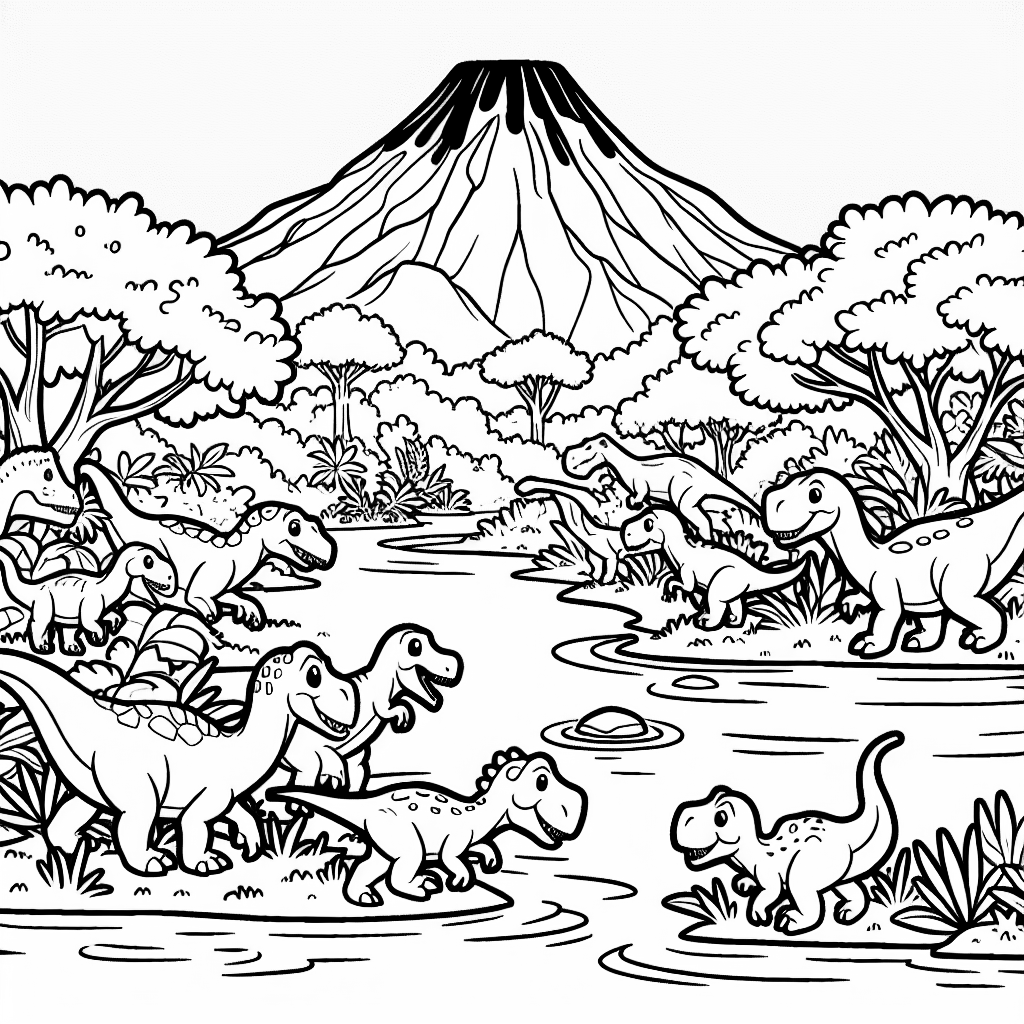 Dinosaurs by a river with a volcano in the background