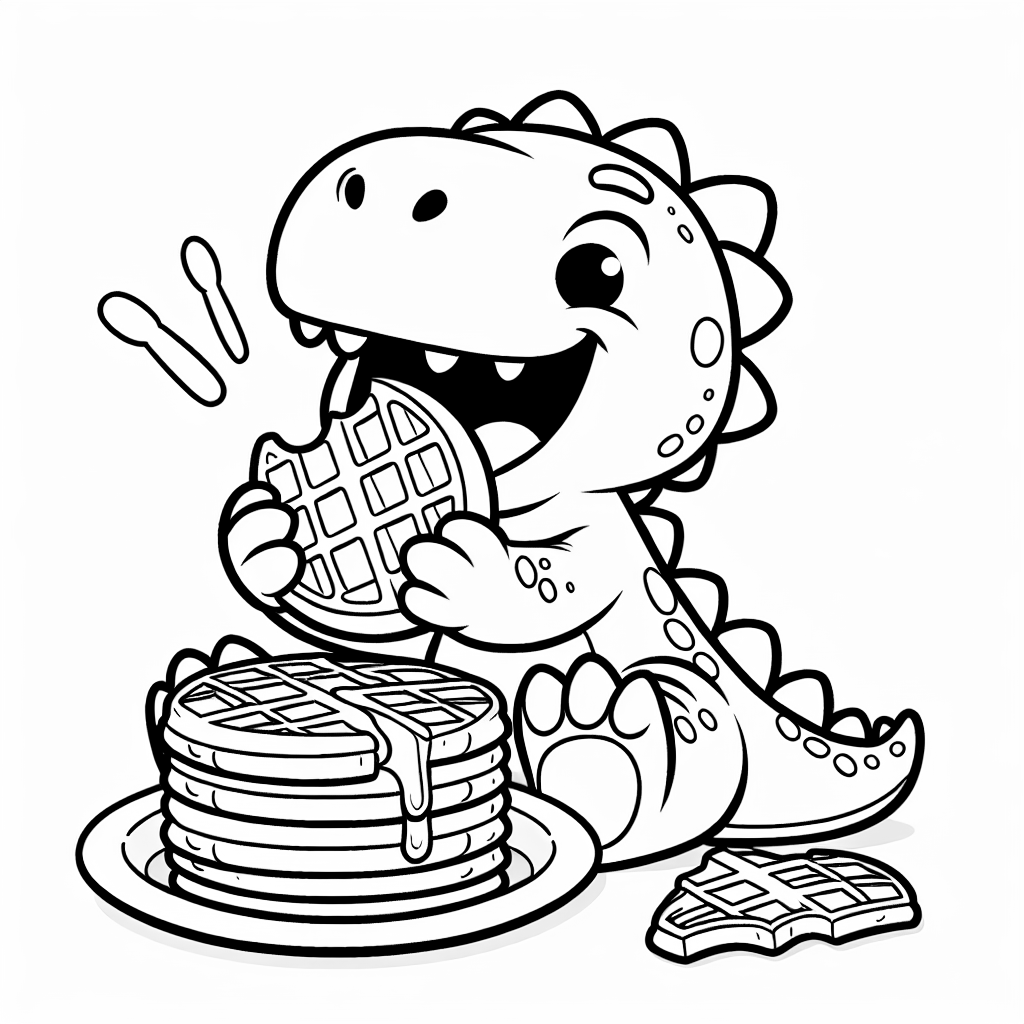 A dinosaur eating waffles