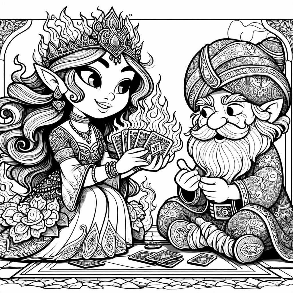 A fire princess playing cards with a gnome