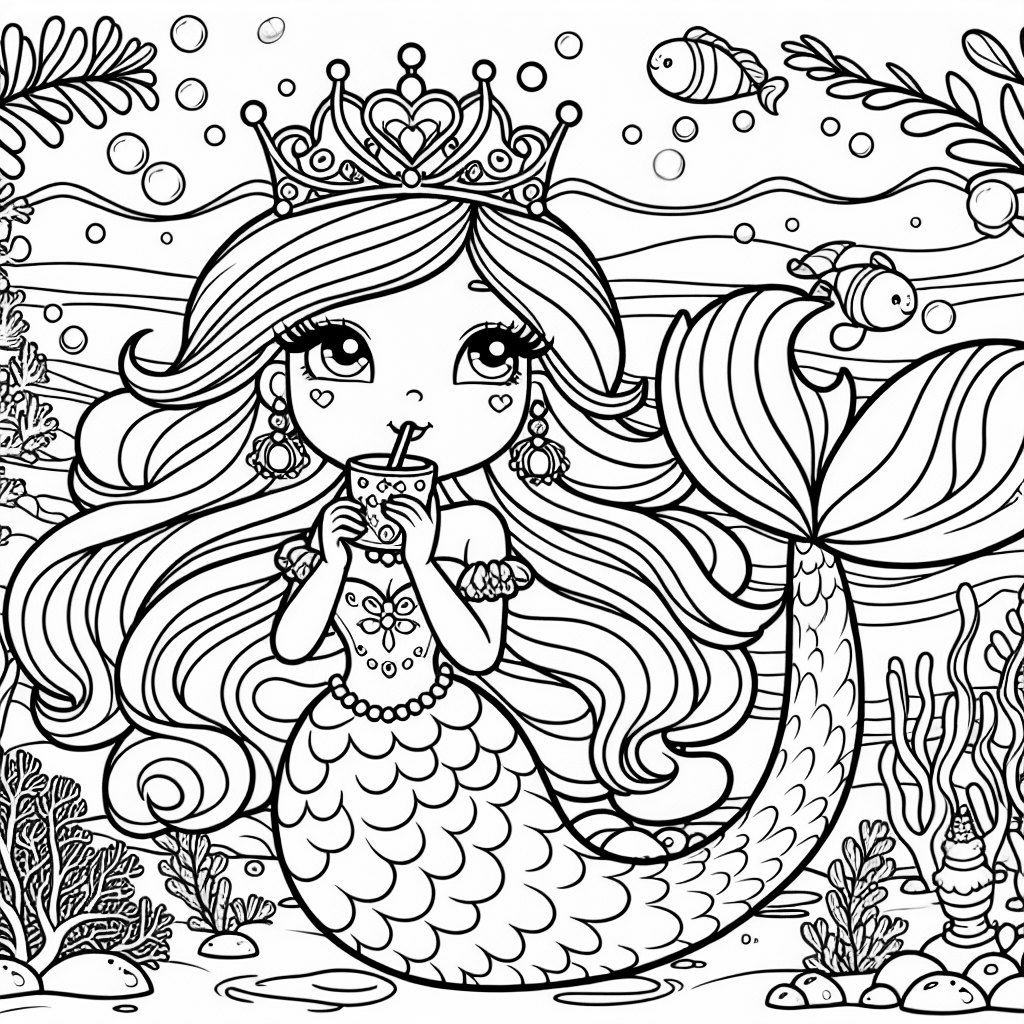 A fish princess drinking apple juice