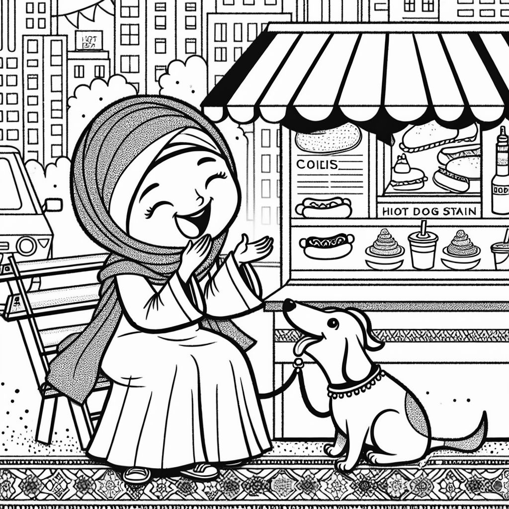A dog and a girl at a hotdog stand