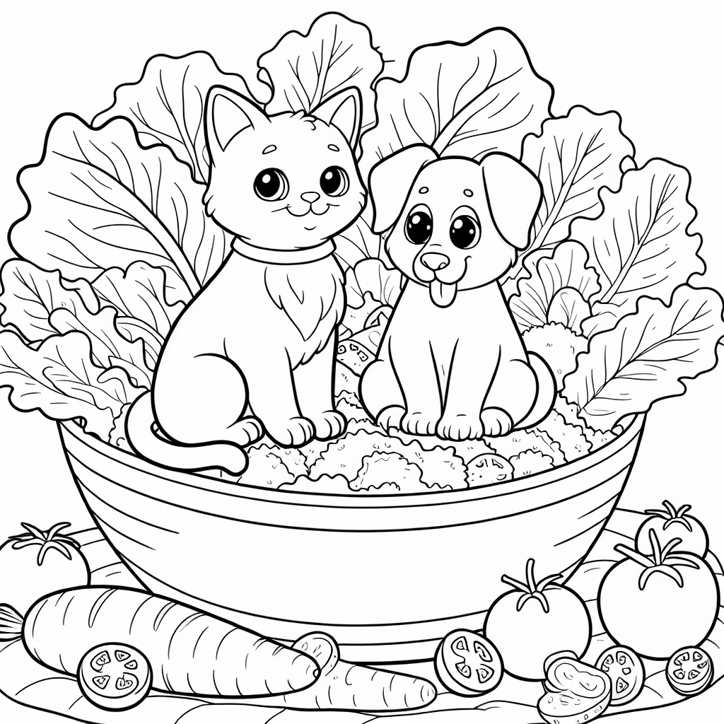Cat and dog in salad
