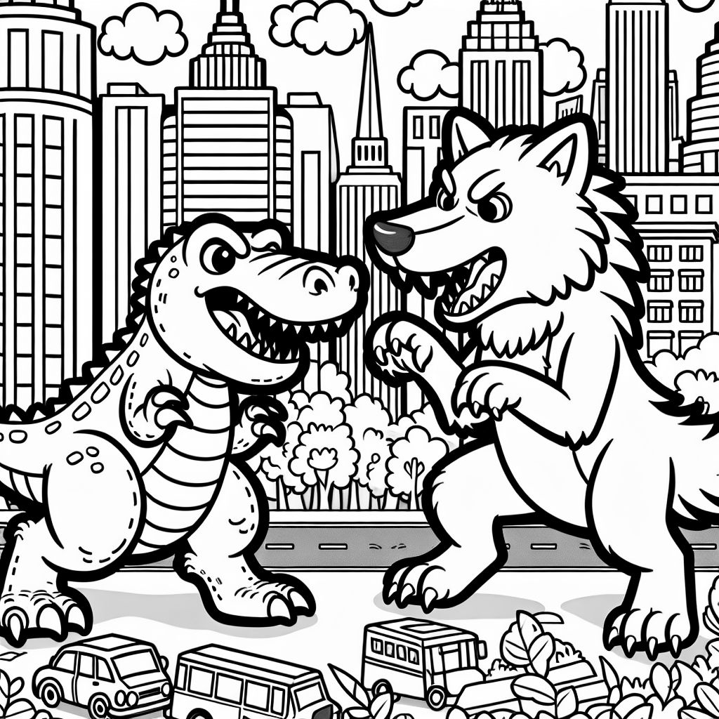 Godzilla fighting wolf in a city
