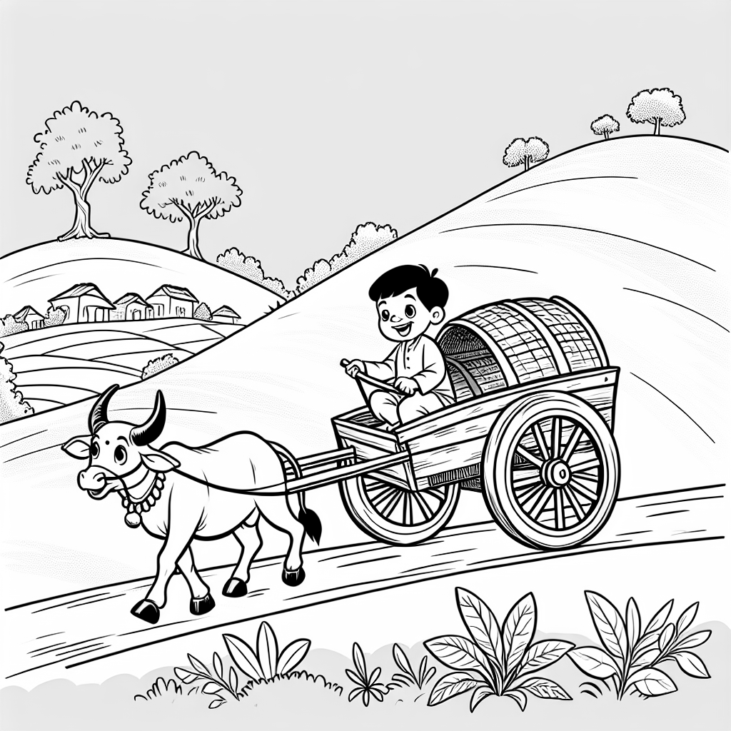 A bullock cart going on a slope up a hill driven by a small boy