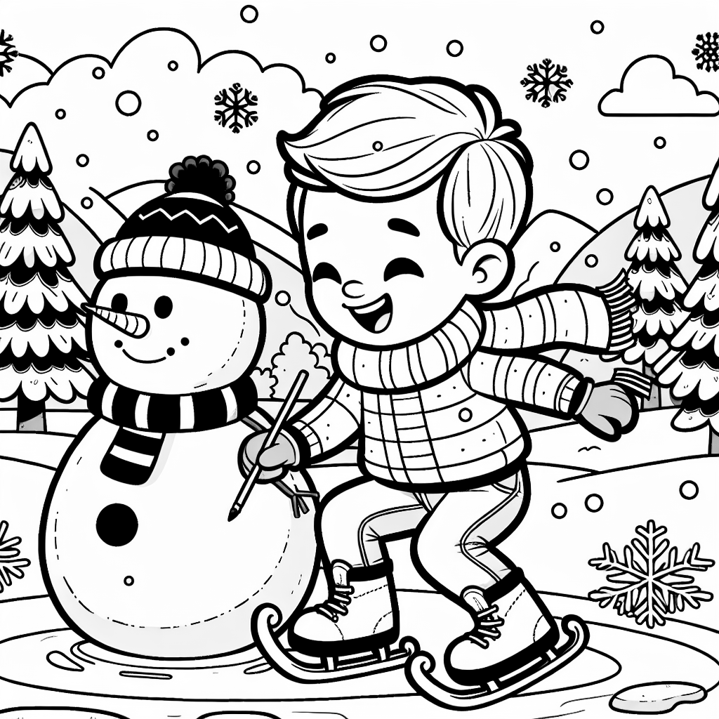 A boy playing in snow with a snowman nearby