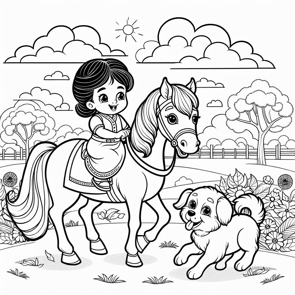 Girl on a horse in a field with a puppy