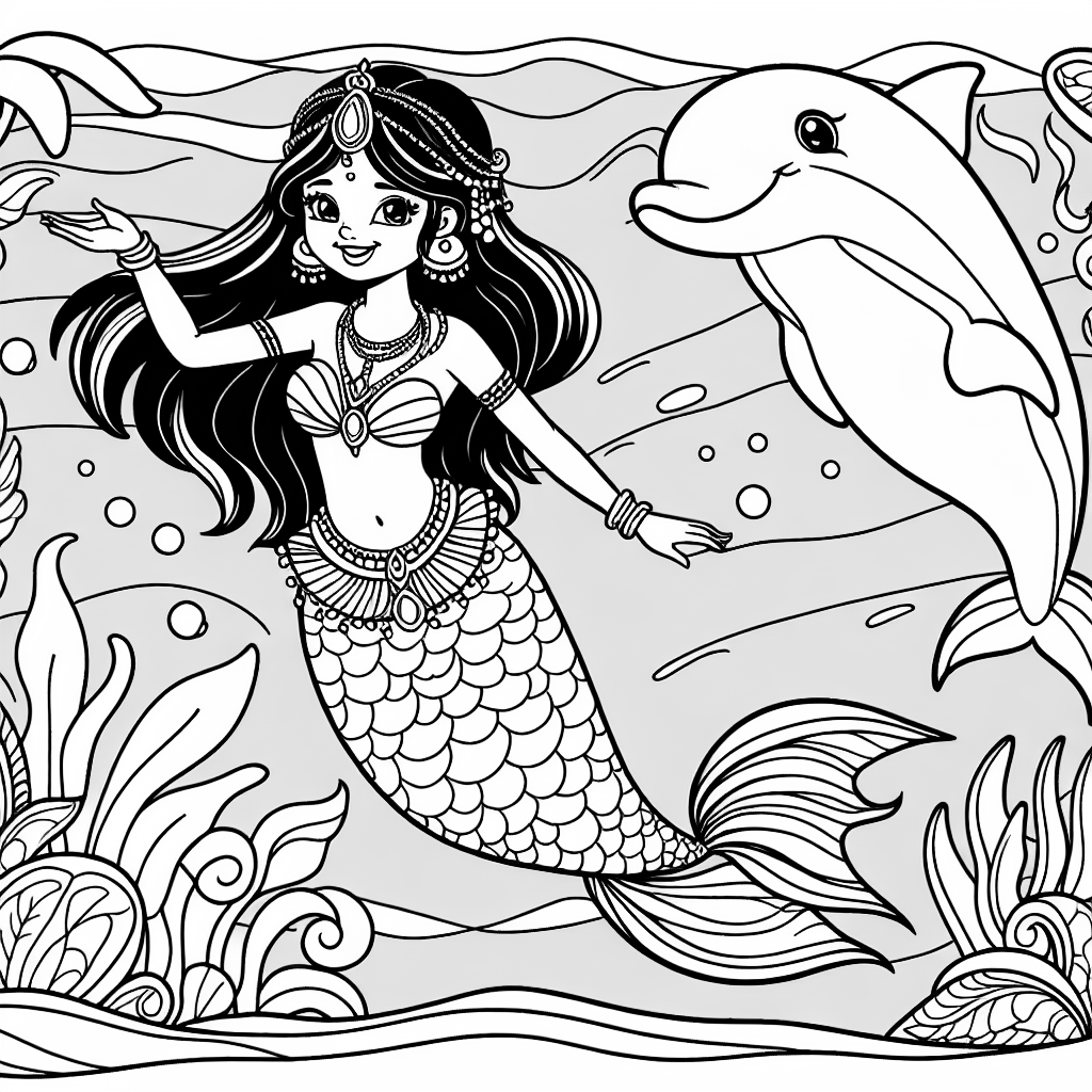 Mermaid swimming with dolphin