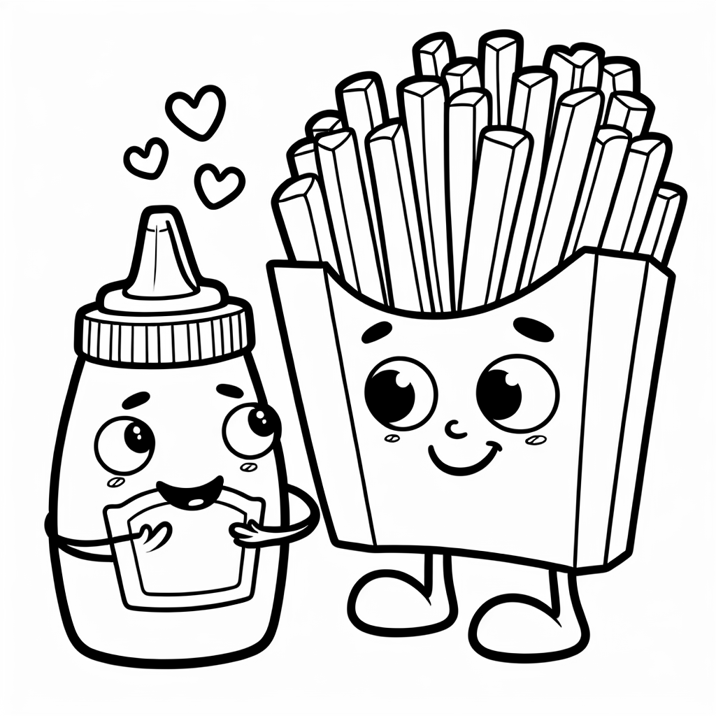 A French fry in love with a ketchup bottle