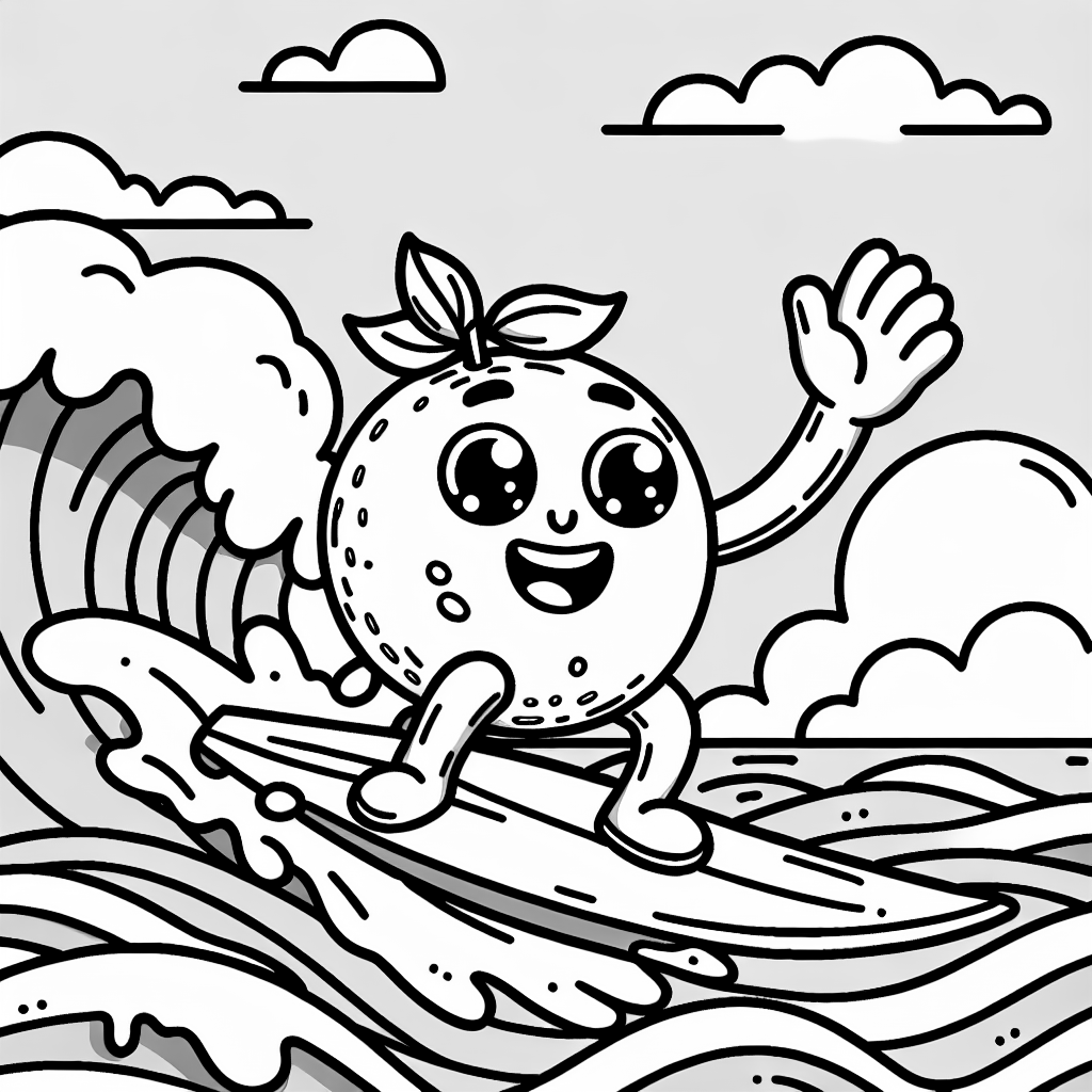 An orange with a face that's surfing