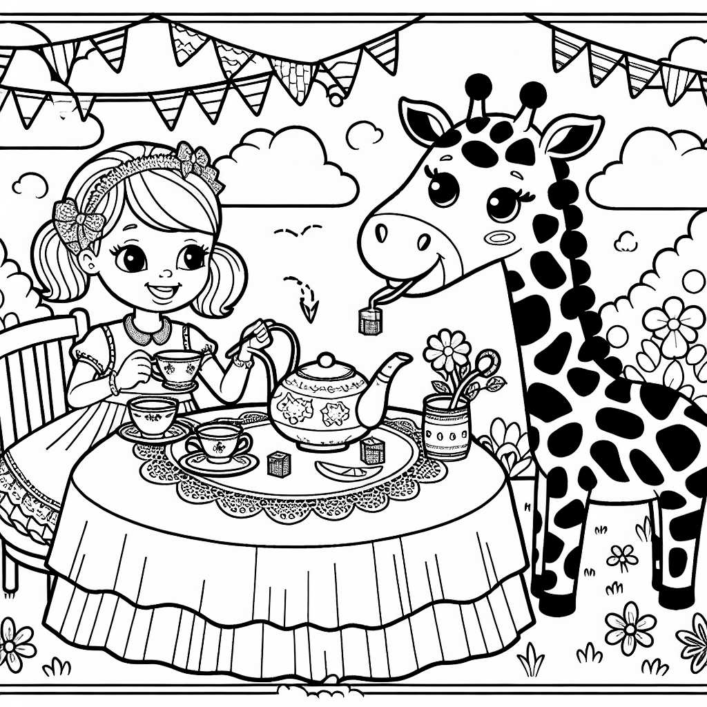 A girl having a tea party with a giraffe