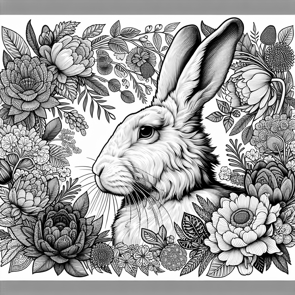 Regal bunny profile surrounded by flowers