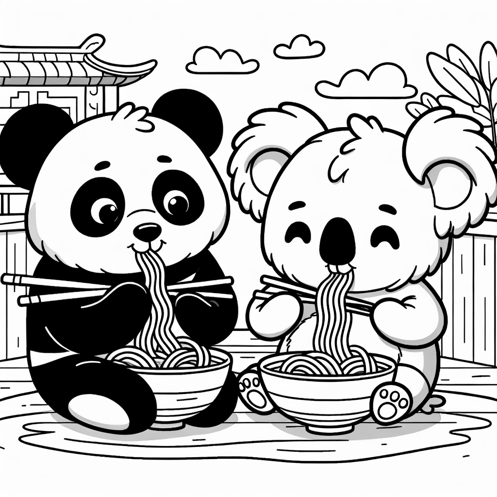 Panda and koala eating noodles in china