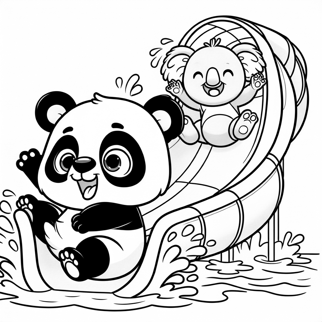 Panda and koala going down a waterslide