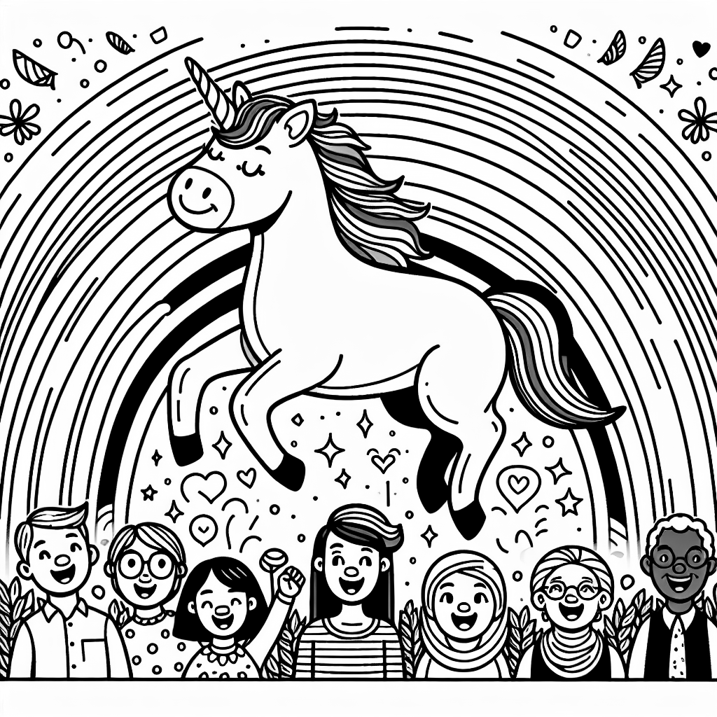 A unicorn jumping over a rainbow and people