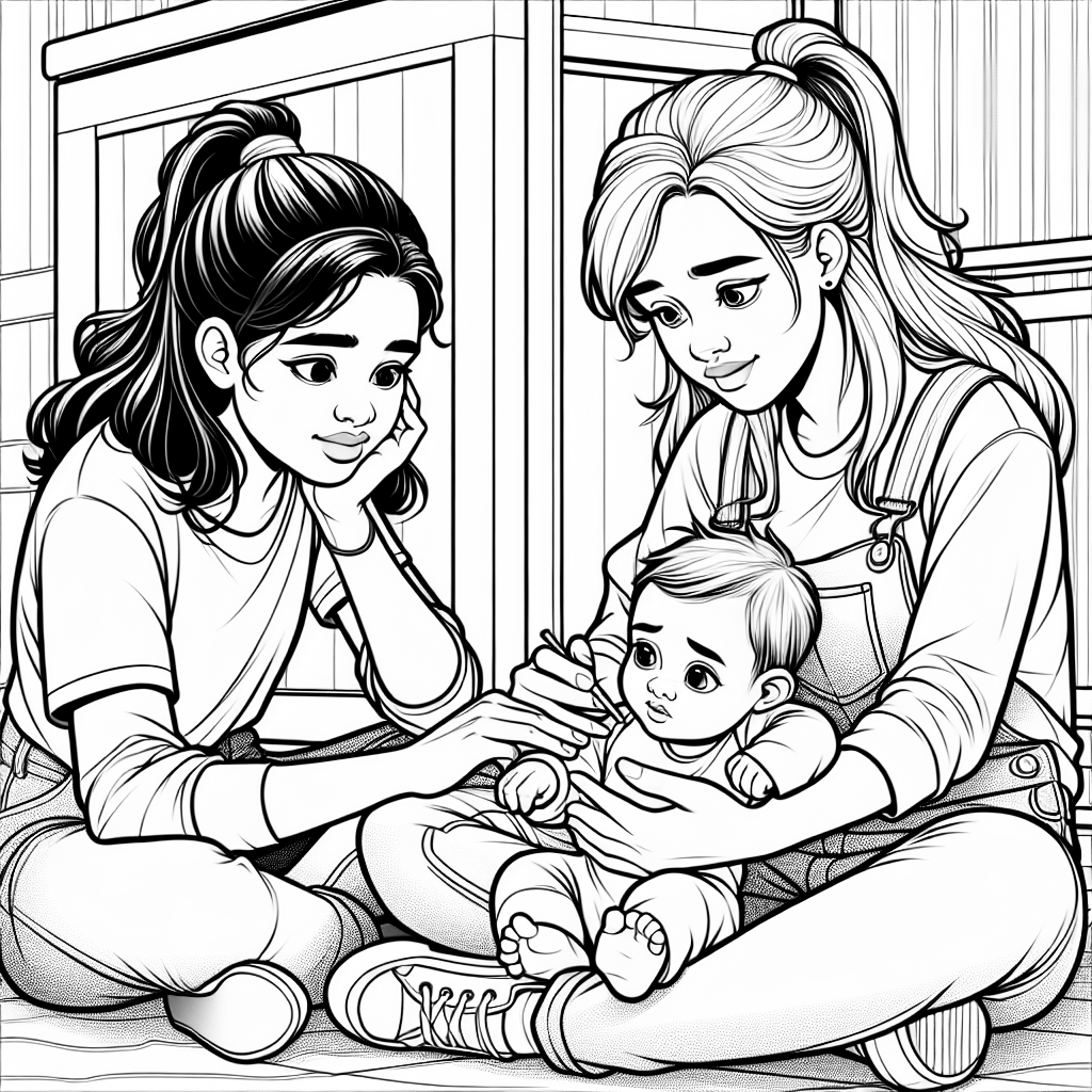 2 girl teenagers babysitting a baby