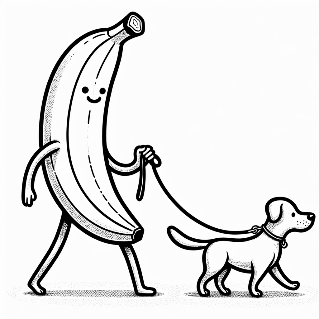 A banana walking a dog on a leash